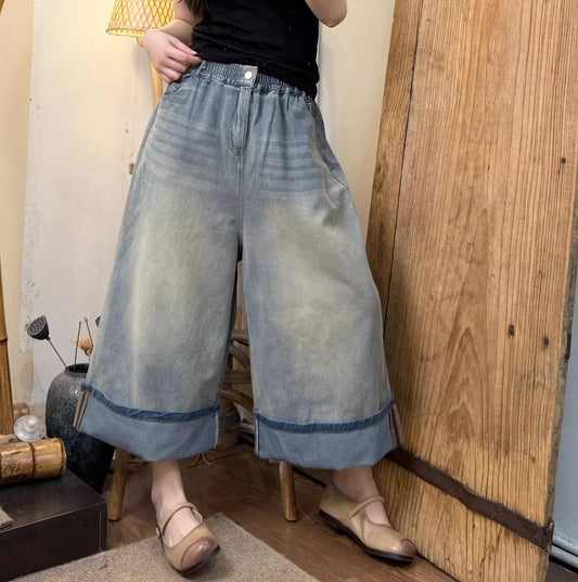 Vintage Washed Wide Cuff Denim Pants