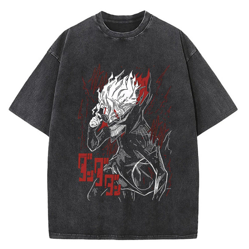 Anime Bold Party Pattern Printed T-Shirt Summer Cotton Washed Vintage Short Sleeve