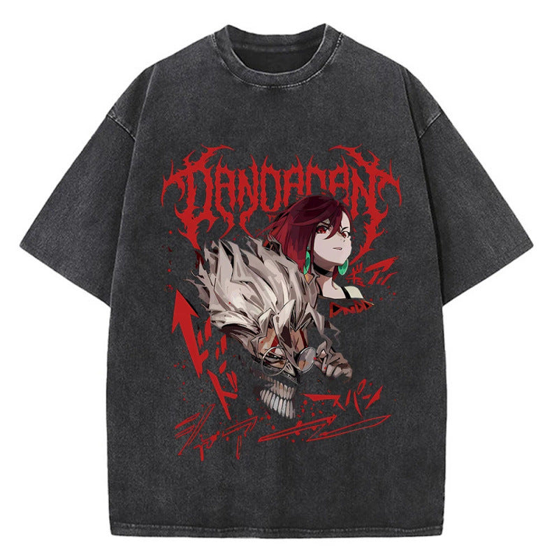 Anime Bold Party Pattern Printed T-Shirt Summer Cotton Washed Vintage Short Sleeve