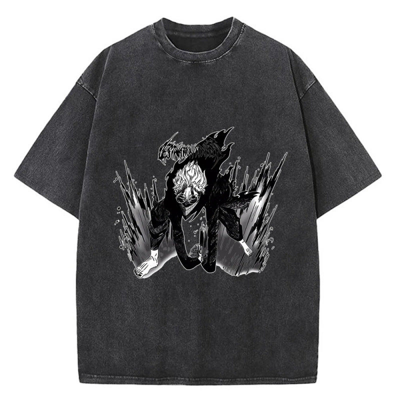 Anime Bold Party Pattern Printed T-Shirt Summer Cotton Washed Vintage Short Sleeve