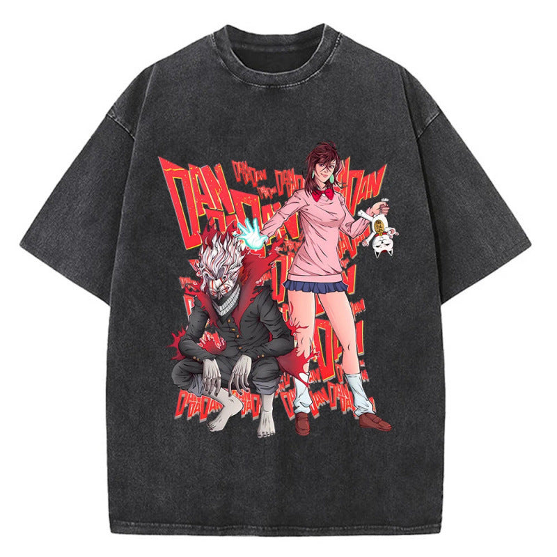 Anime Bold Party Pattern Printed T-Shirt Summer Cotton Washed Vintage Short Sleeve