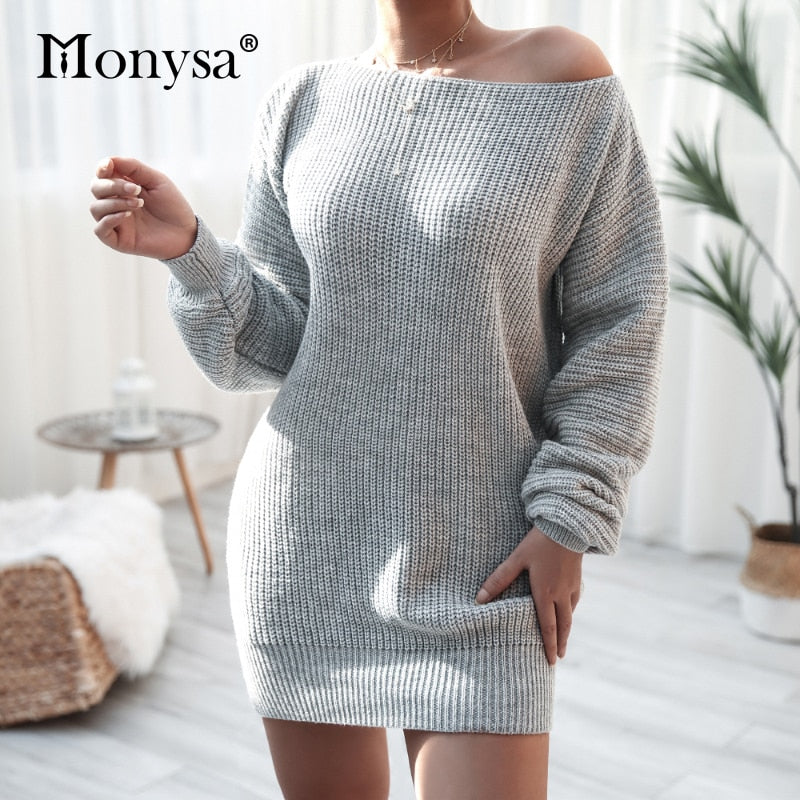 Off Shoulder Knitted Sweater Dress