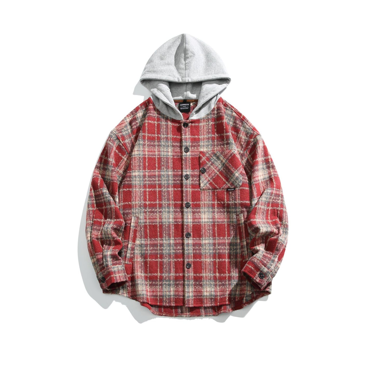 Loose Color-Blocked Plaid Long Sleeve Shirt with Hooded Design