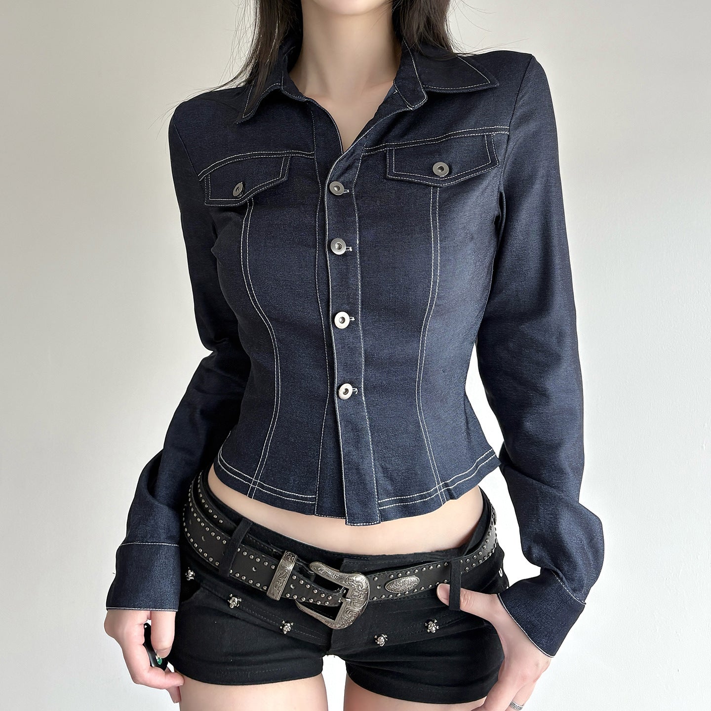 Retro Style Blue Flared V-neck Shirt