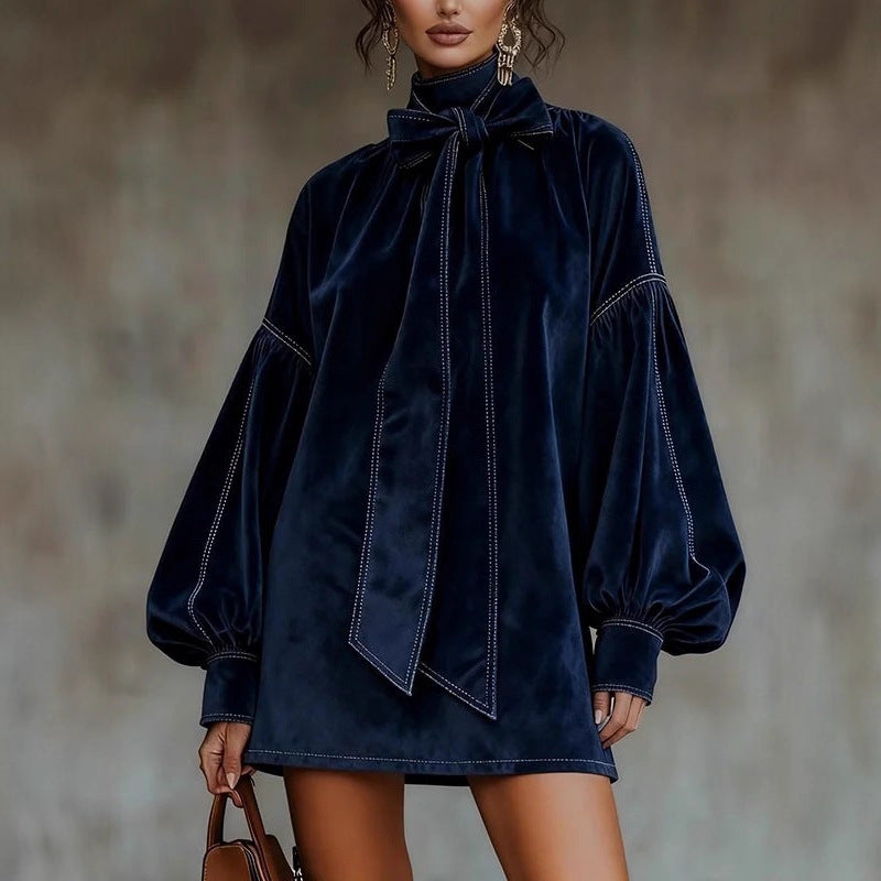 Elegant High Neck Bow Velvet Bloom Sleeve Mini Dress