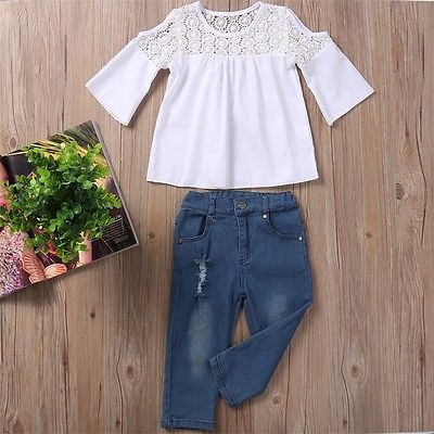 Girls Lace Tops T-Shirt+Denim Jeans Pants Outfits Set