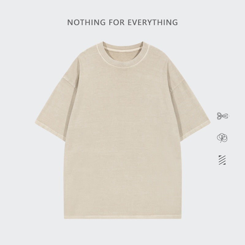 260G Pure Cotton Washed Old Short Sleeved Mens T Shirt Retro Fried Snowflake Mens and Womens Breathable Bottom Shirt