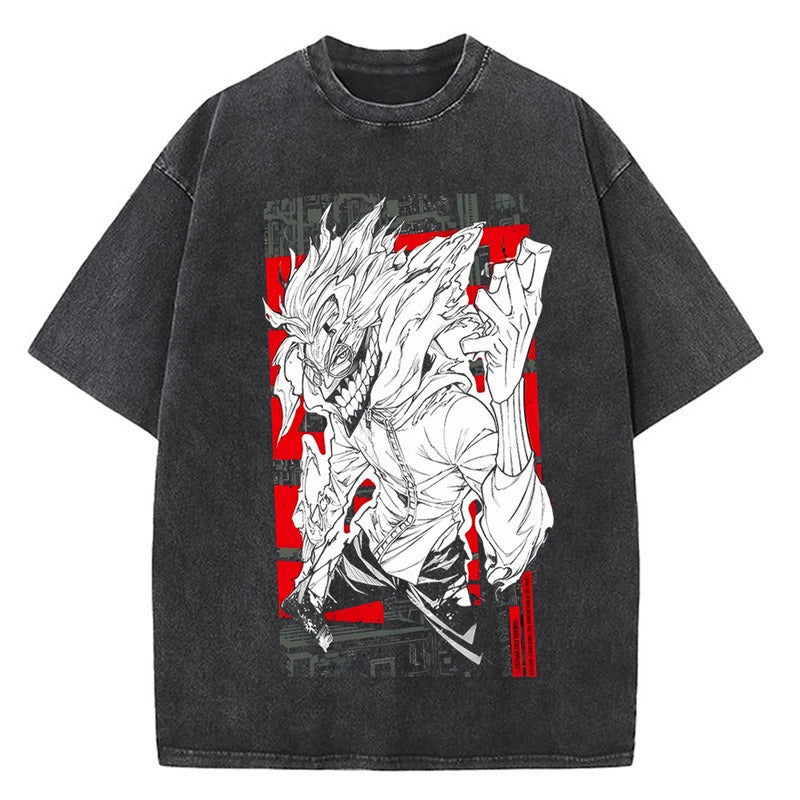 Anime Bold Party Pattern Printed T-Shirt Summer Cotton Washed Vintage Short Sleeve