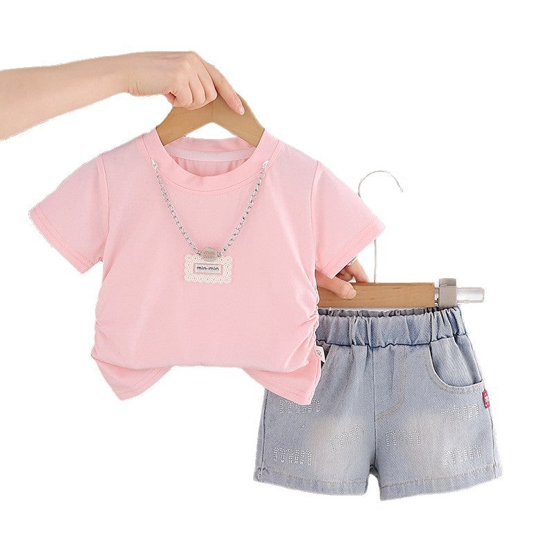 Solid color short sleeved top and shorts set