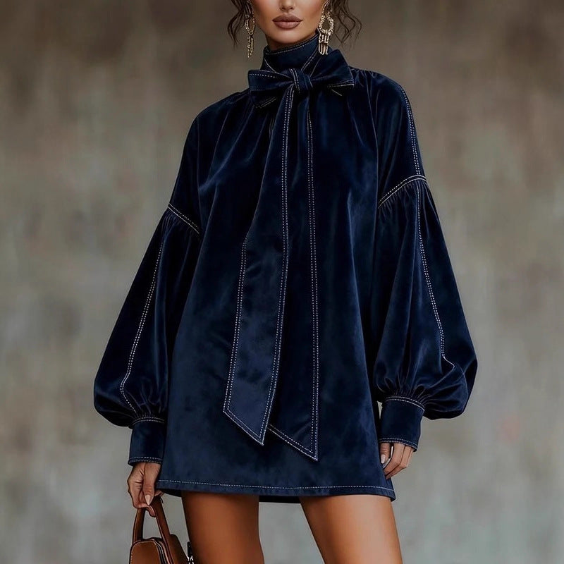 Elegant High Neck Bow Velvet Bloom Sleeve Mini Dress