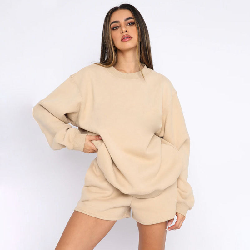 Solid Round Neck Long Sleeve Short Set