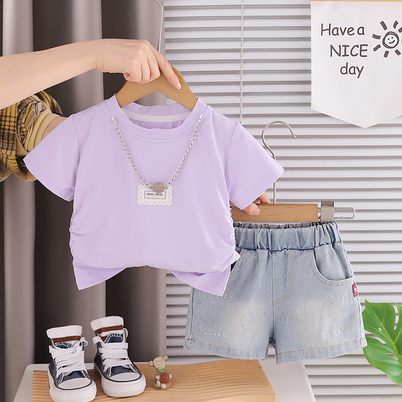 Solid color short sleeved top and shorts set