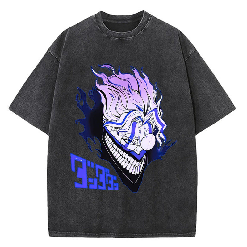 Anime Bold Party Pattern Printed T-Shirt Summer Cotton Washed Vintage Short Sleeve