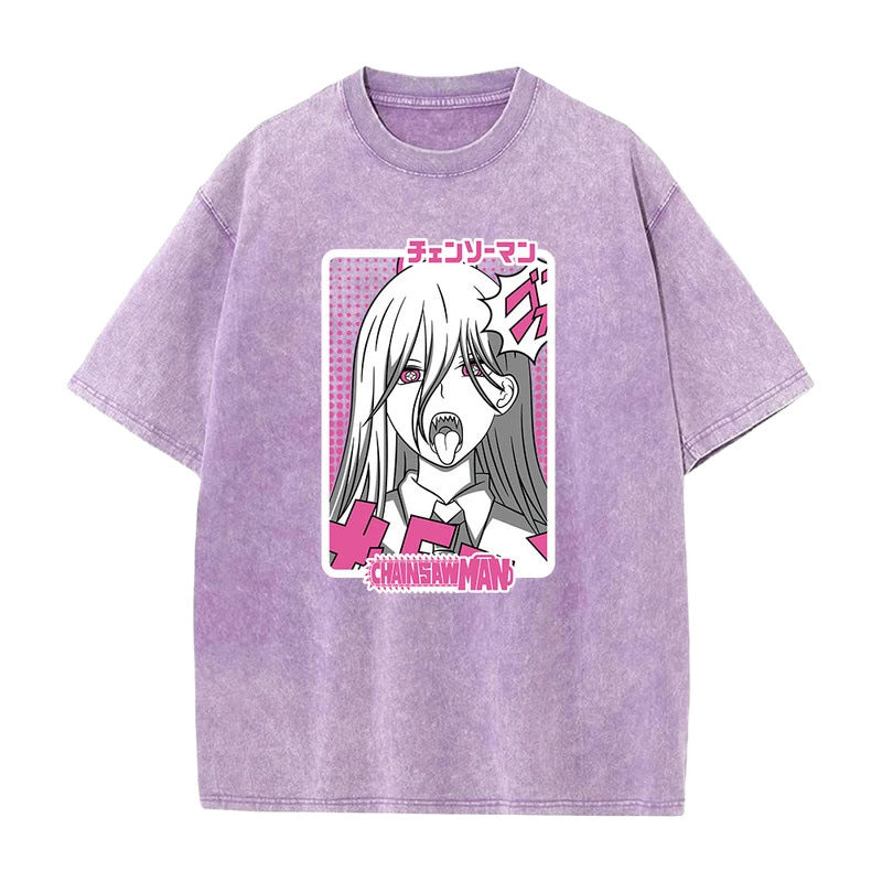 Anime Chainsaw Man Maki Ma Printed T-Shirt Summer Cotton Washed Vintage Distressed Short Sleeve