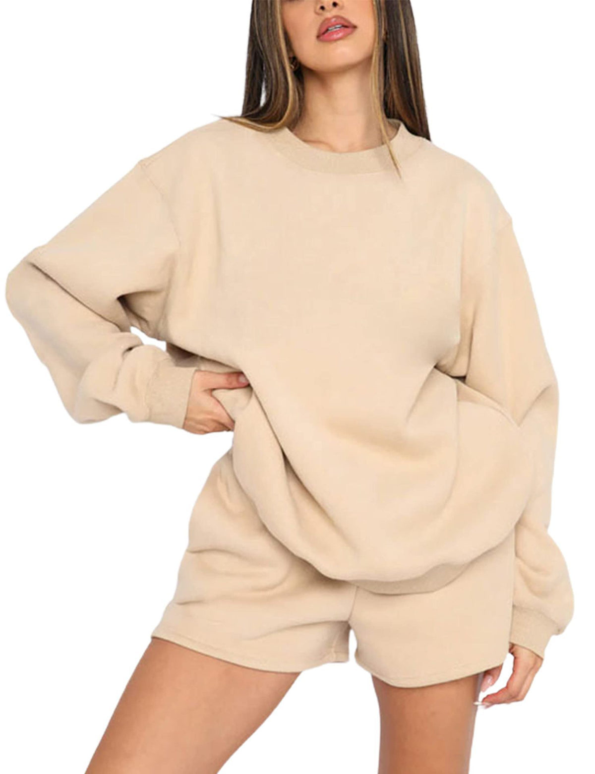 Solid Round Neck Long Sleeve Short Set