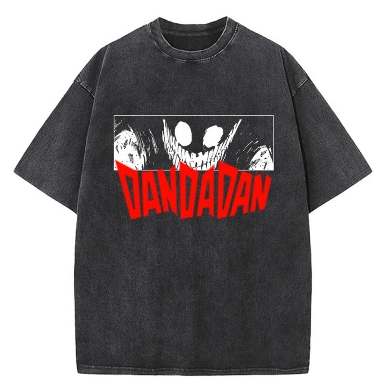 Anime Bold Party Pattern Printed T-Shirt Summer Cotton Washed Vintage Short Sleeve