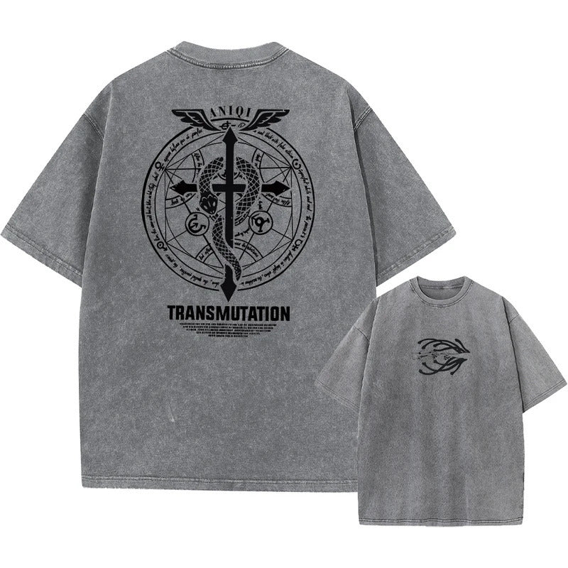 Anime Fullmetal Alchemist Printed T-Shirt Summer Cotton Washed Vintage Short Sleeve