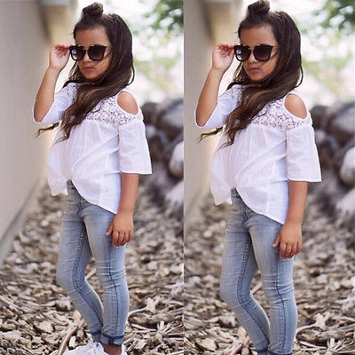 Girls Lace Tops T-Shirt+Denim Jeans Pants Outfits Set