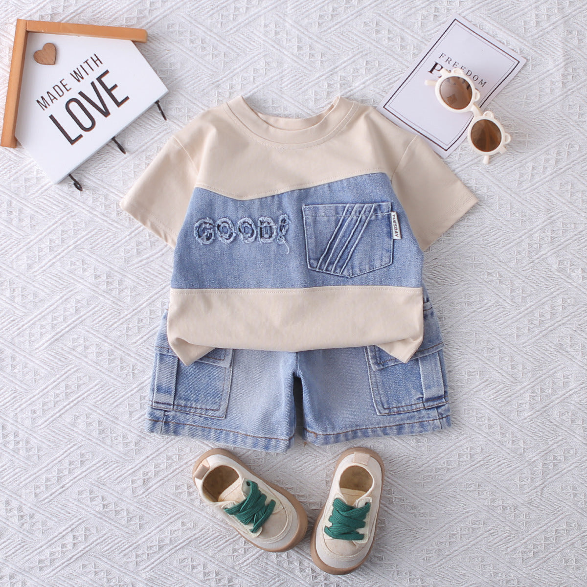 Cowboy Patchwork Short Sleeved Two-Piece Set