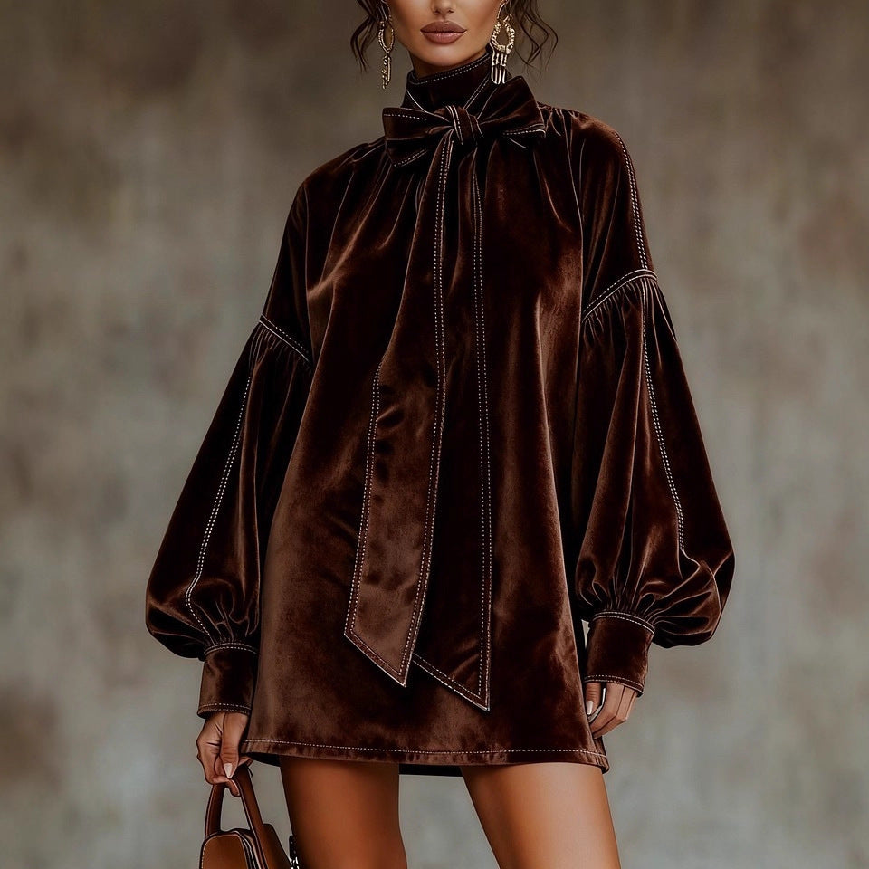 Elegant High Neck Bow Velvet Bloom Sleeve Mini Dress