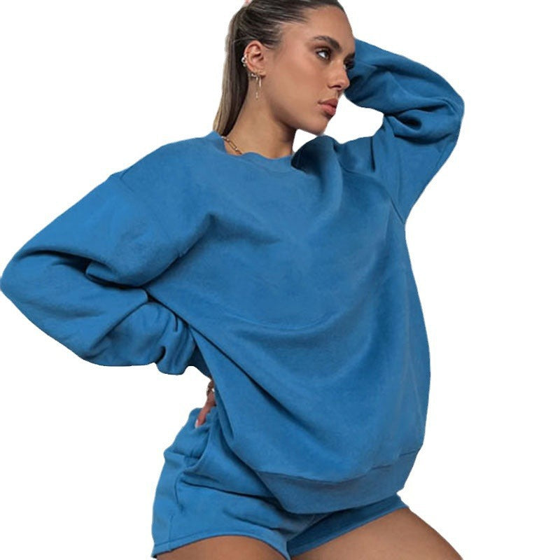 Solid Round Neck Long Sleeve Short Set