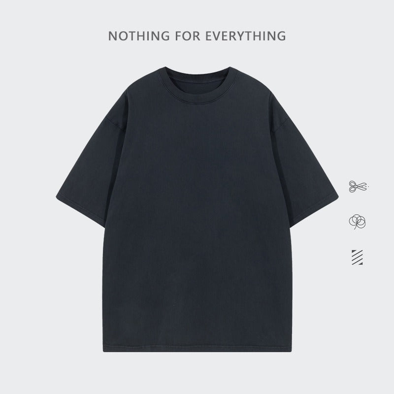 260G Pure Cotton Washed Old Short Sleeved Mens T Shirt Retro Fried Snowflake Mens and Womens Breathable Bottom Shirt