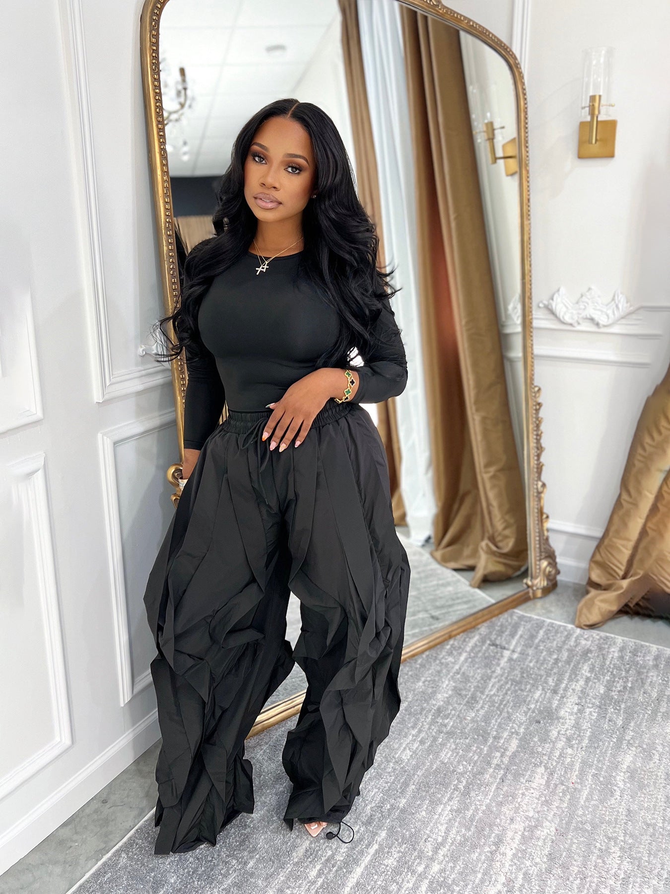 Fit Top with Wide Leg Patchwork Lace Pants