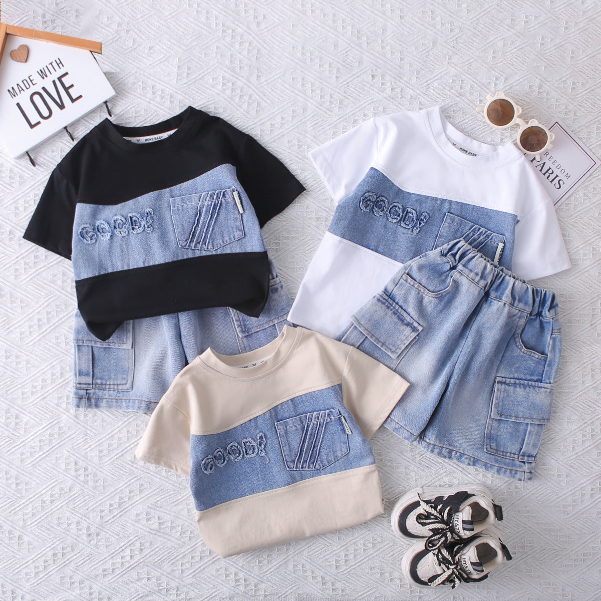 Cowboy Patchwork Short Sleeved Two-Piece Set