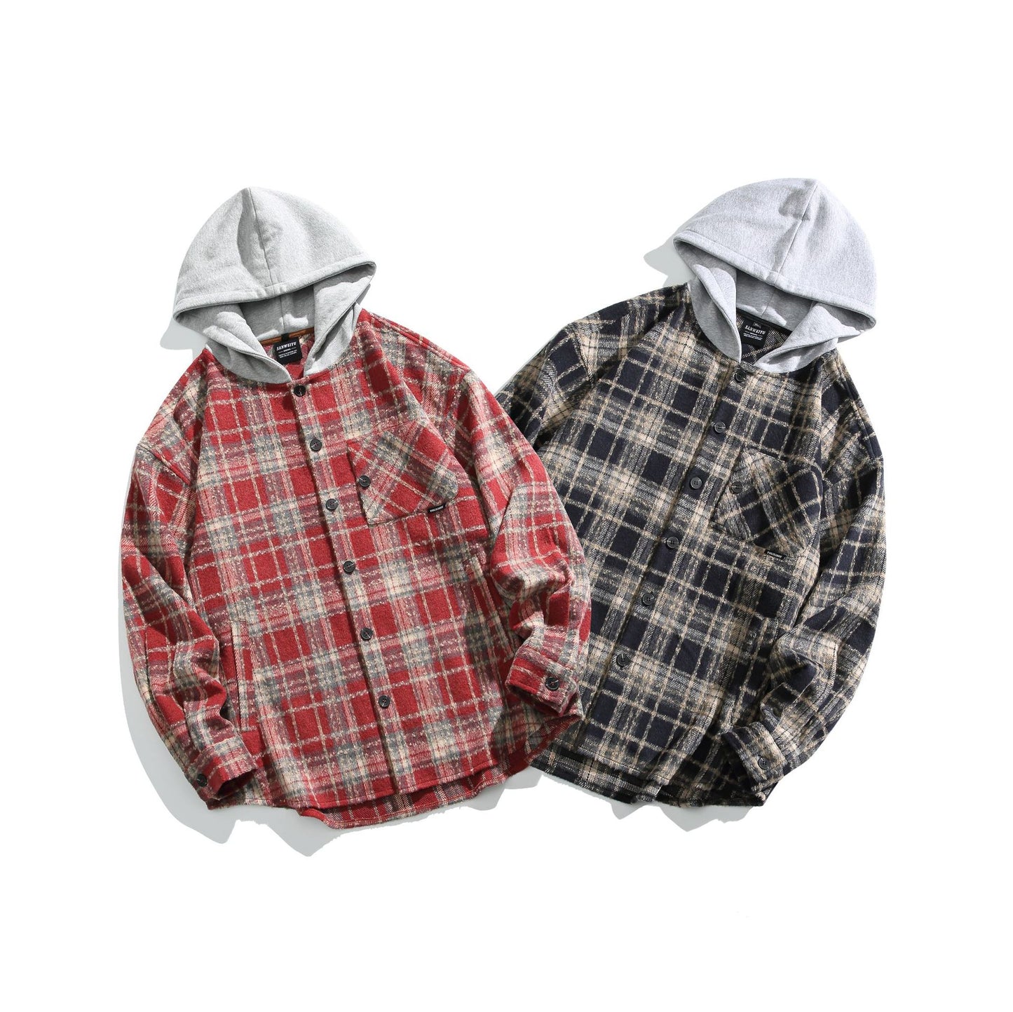 Loose Color-Blocked Plaid Long Sleeve Shirt with Hooded Design