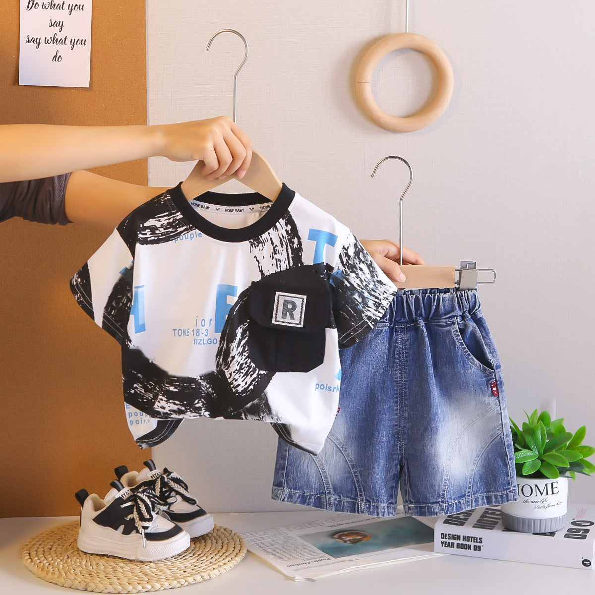 Letter Pocket Short Sleeved Top and Shorts Set