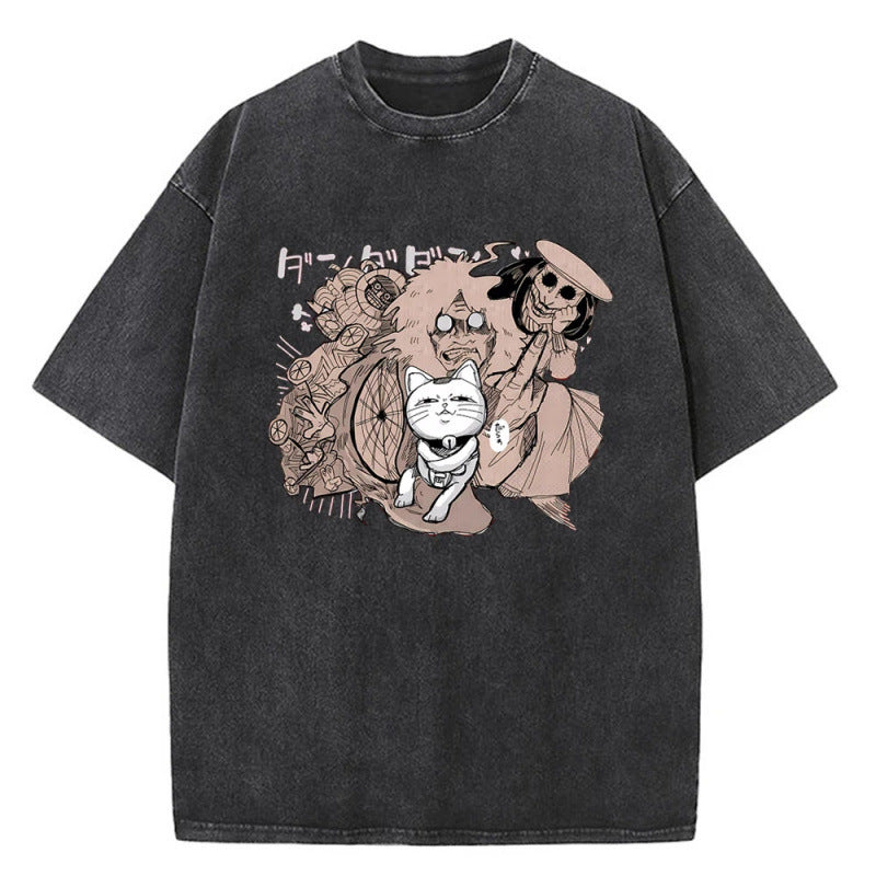 Anime Bold Party Pattern Printed T-Shirt Summer Cotton Washed Vintage Short Sleeve