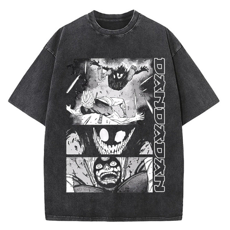 Anime Bold Party Pattern Printed T-Shirt Summer Cotton Washed Vintage Short Sleeve