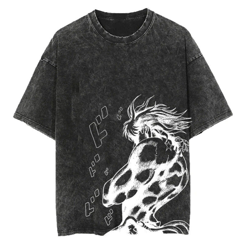 Summer Anime JOJO's Bizarre Adventure Printed T-Shirt Cotton Washed Vintage Short Sleeve