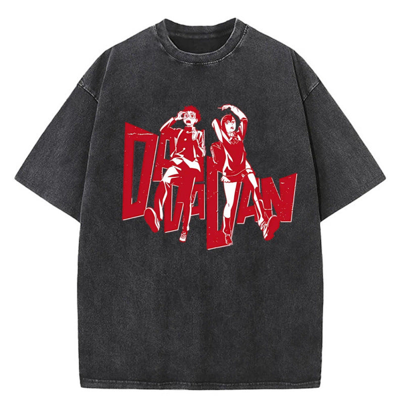 Anime Bold Party Pattern Printed T-Shirt Summer Cotton Washed Vintage Short Sleeve