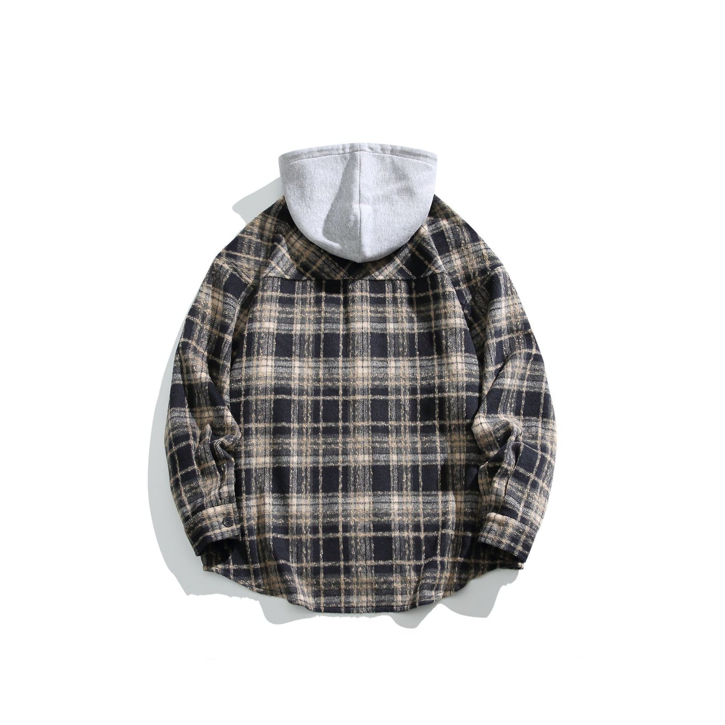 Loose Color-Blocked Plaid Long Sleeve Shirt with Hooded Design