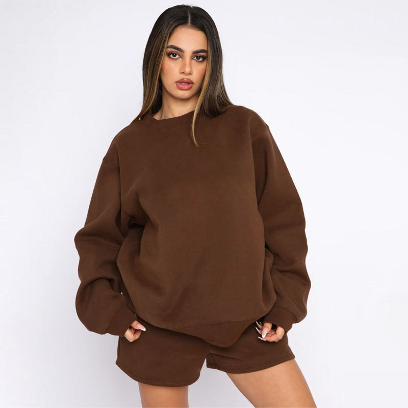 Solid Round Neck Long Sleeve Short Set