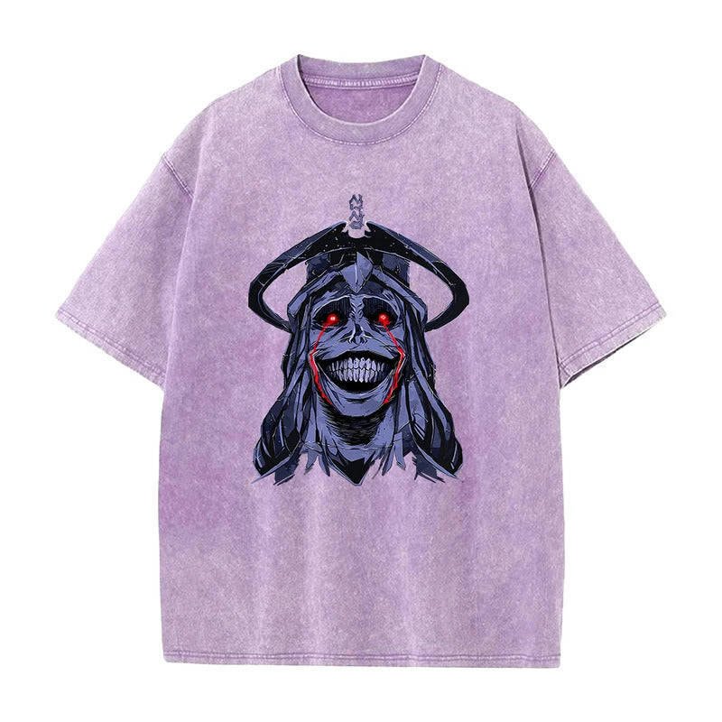 Summer Anime Solo Leveling Pattern Printed T-Shirt Vintage Washed Cotton Short Sleeve