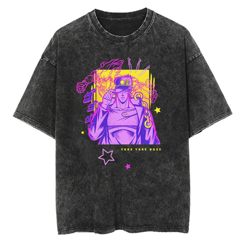 Summer Anime JOJO's Bizarre Adventure Printed T-Shirt Cotton Washed Vintage Short Sleeve