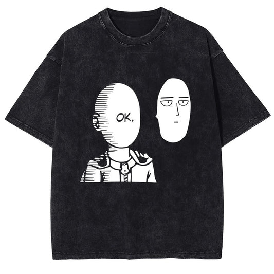 Summer One Punch Man Anime Print T-Shirt Vintage Washed Cotton Short Sleeve Top