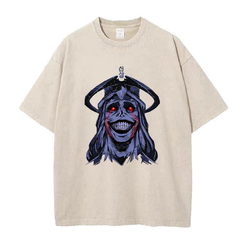 Summer Anime Solo Leveling Pattern Printed T-Shirt Vintage Washed Cotton Short Sleeve