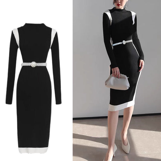 Elegant Black Knitting Dress w/Belt
