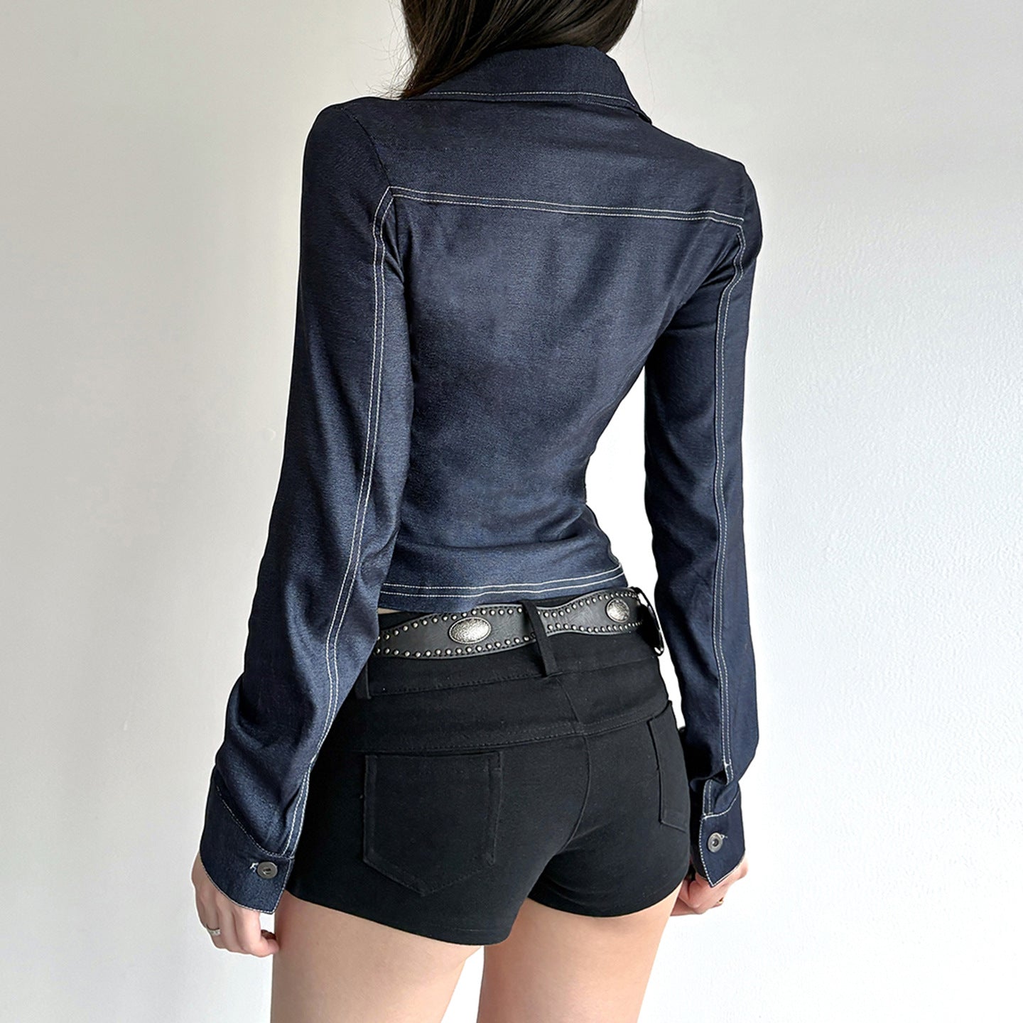 Retro Style Blue Flared V-neck Shirt