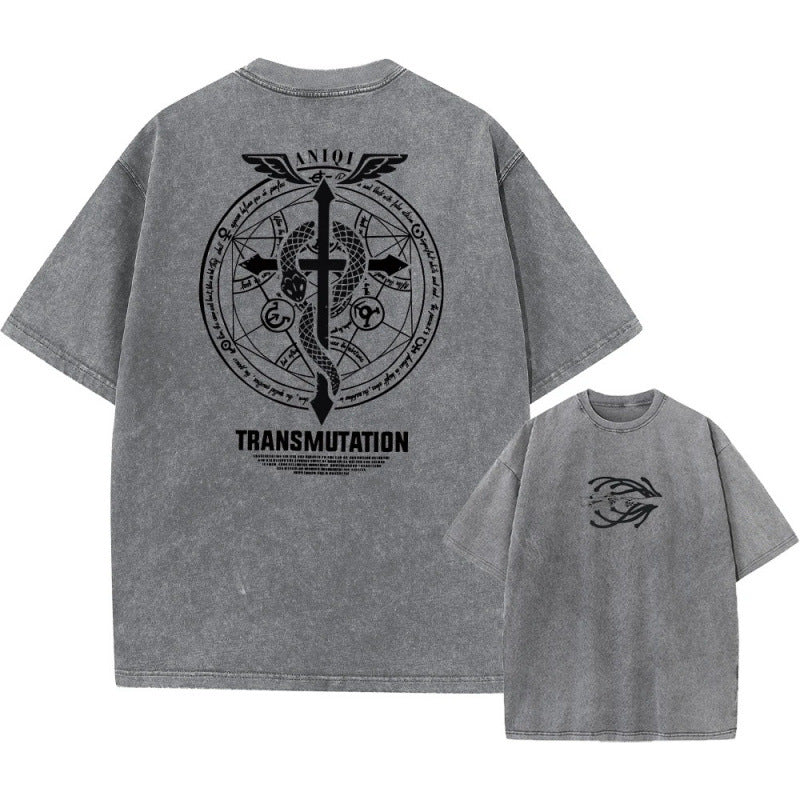 Anime Fullmetal Alchemist Printed T-Shirt Summer Cotton Washed Vintage Short Sleeve