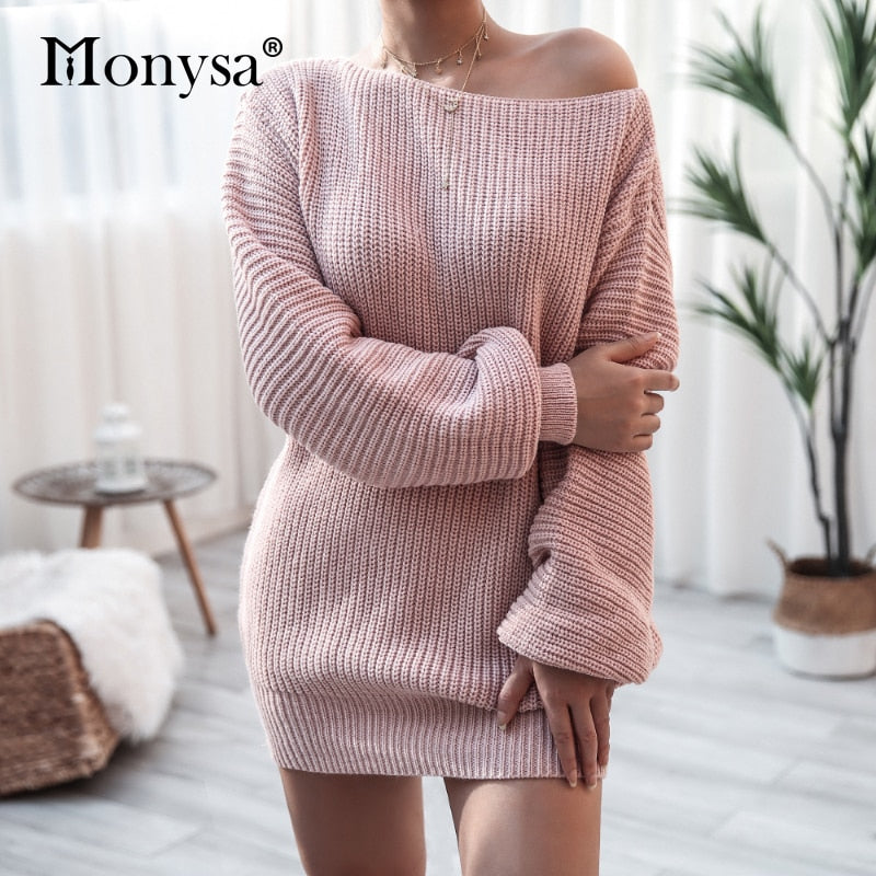 Off Shoulder Knitted Sweater Dress