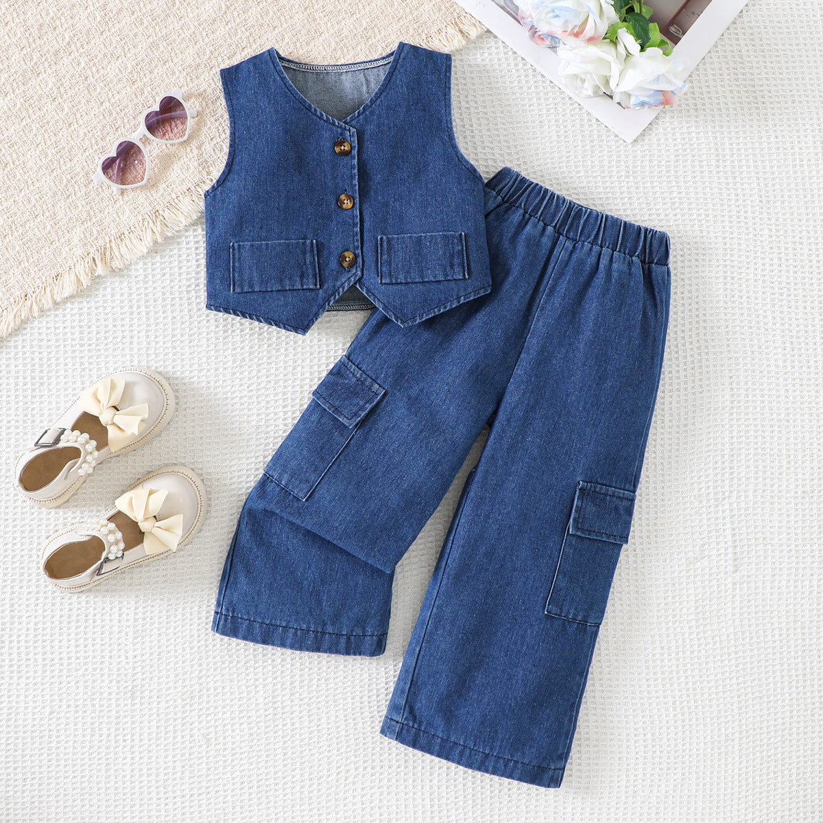 Summer Girl Denim Vest and Wide Leg Pants
