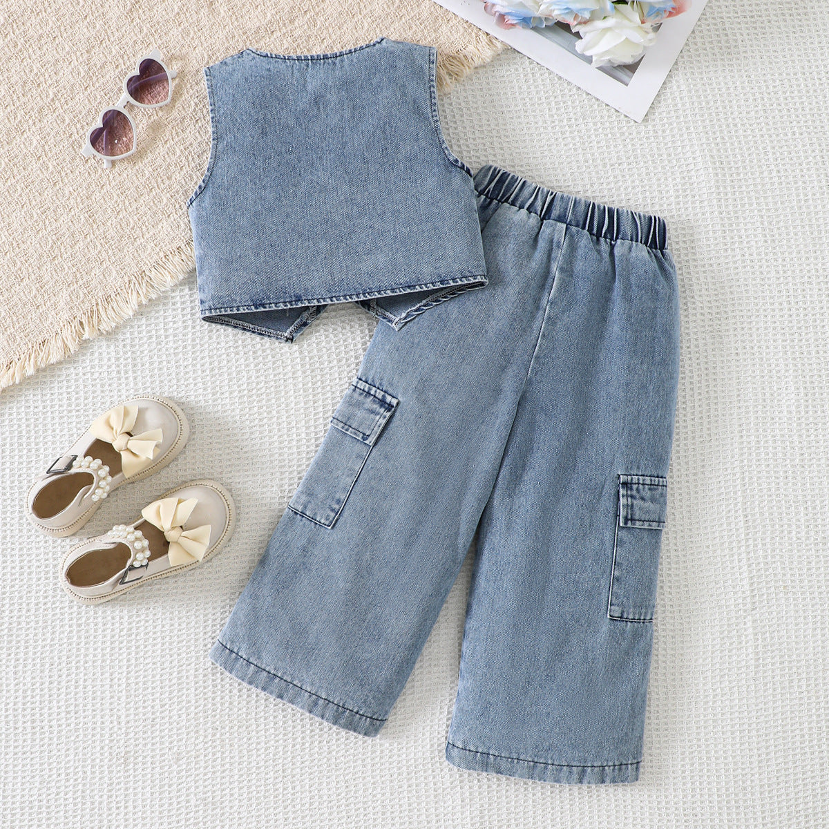 Summer Girl Denim Vest and Wide Leg Pants