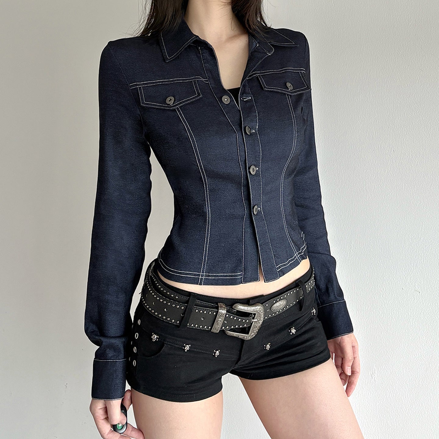 Retro Style Blue Flared V-neck Shirt