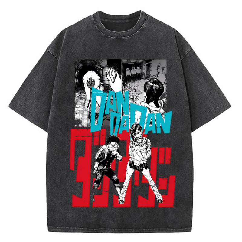 Anime Bold Party Pattern Printed T-Shirt Summer Cotton Washed Vintage Short Sleeve