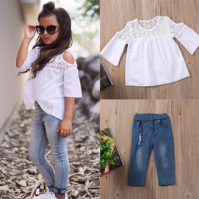 Girls Lace Tops T-Shirt+Denim Jeans Pants Outfits Set