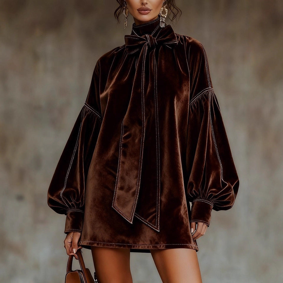 Elegant High Neck Bow Velvet Bloom Sleeve Mini Dress